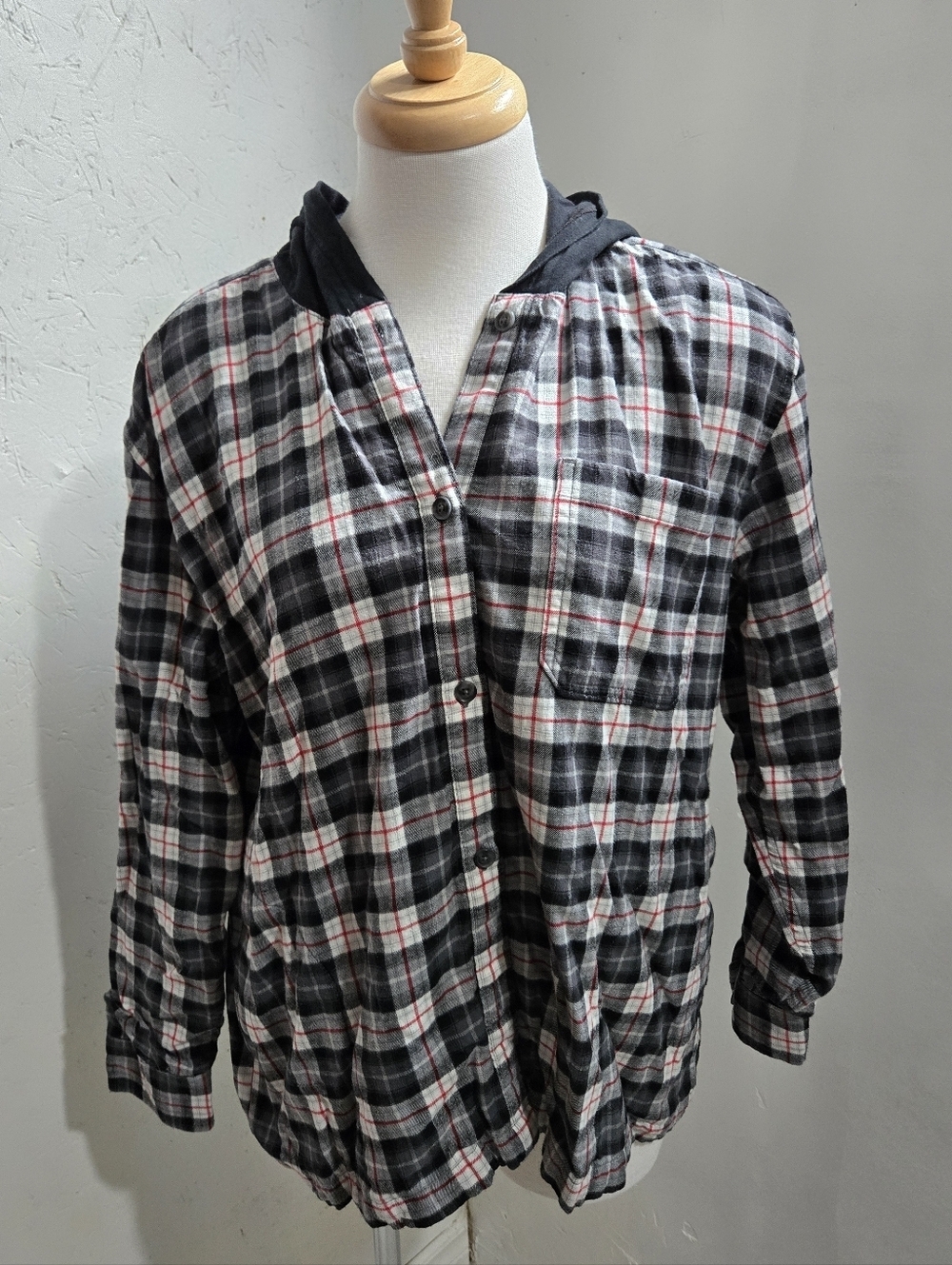 Eddie Bauer Black Hooded Plaid Shirt Jacket with Red Trim - Picture 2 of 9